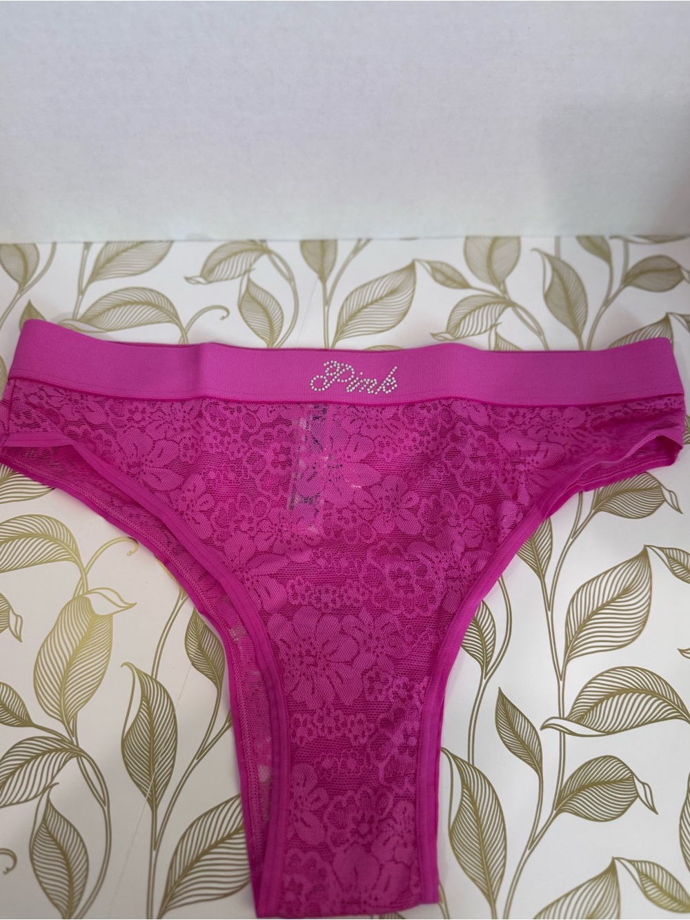 PINK Victoria's Secret Hot Pink Lace Thong with Rhinestone Logo